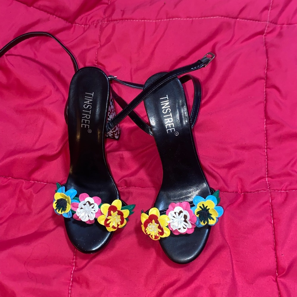 Black Sandals with Colorful Floral Accents